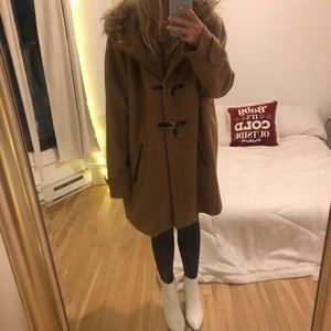 Cole Haan Wool Blend Faux Fur Trim Hooded Coat